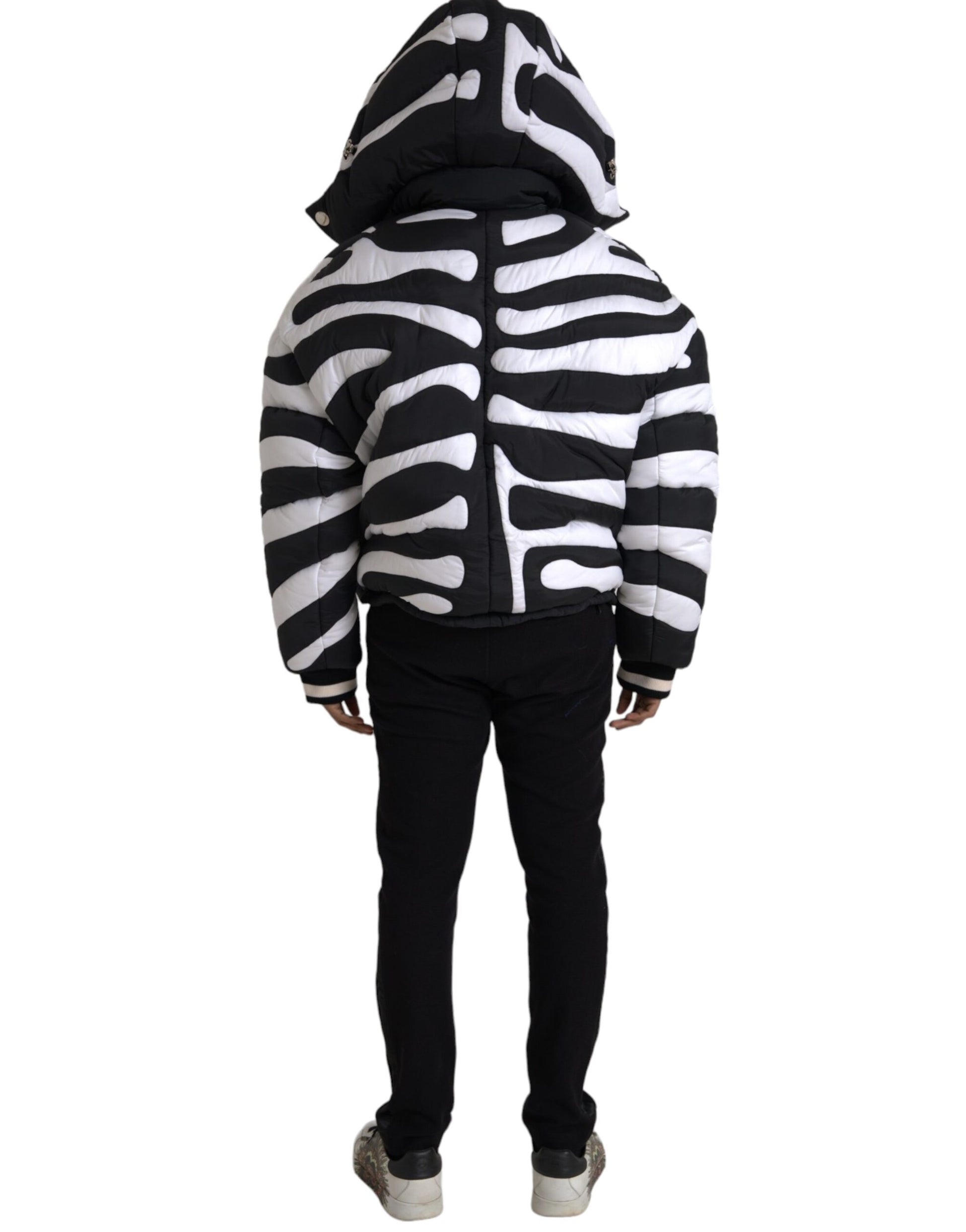 Black White Stripes Hooded Puffer Jacket