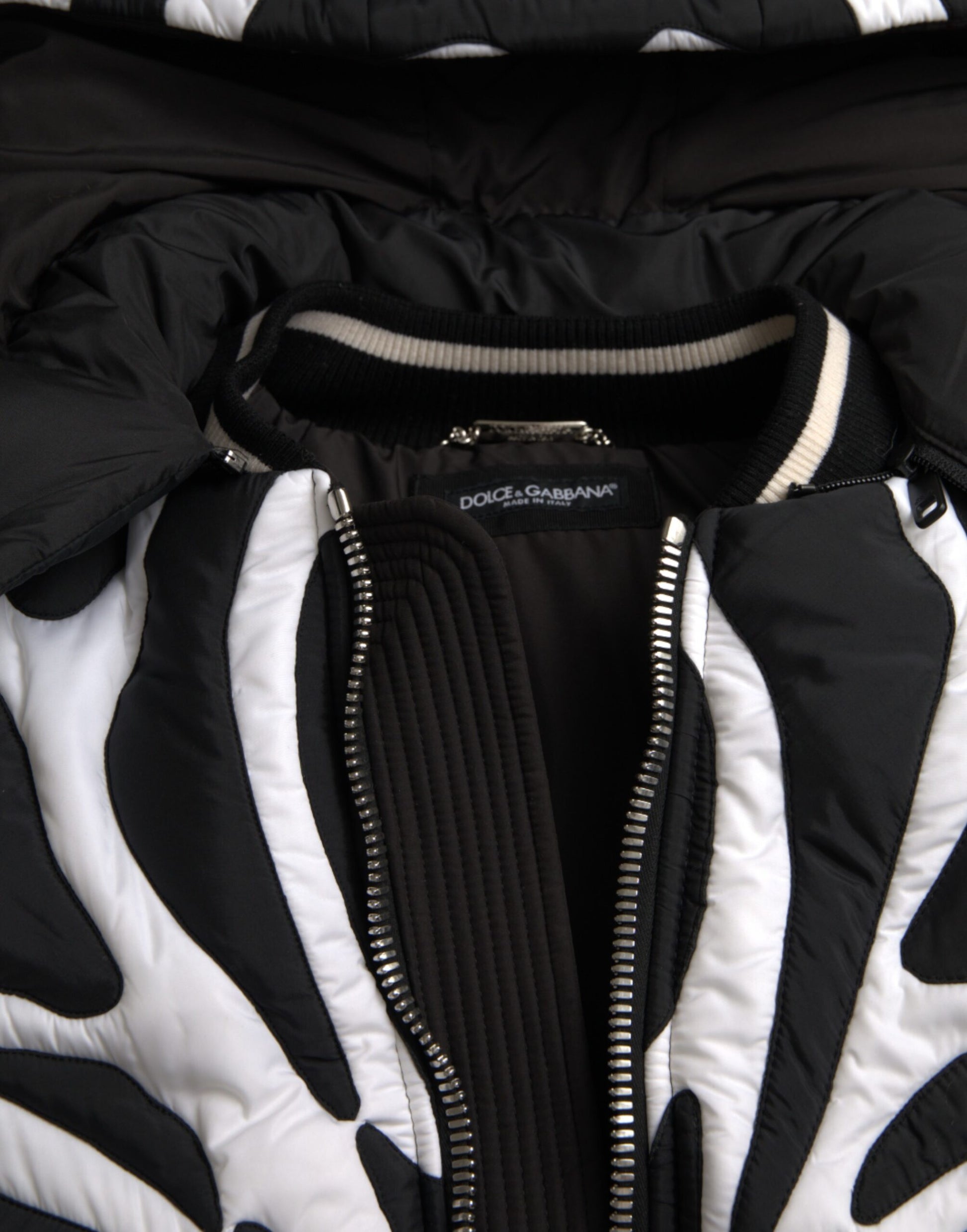 Black White Stripes Hooded Puffer Jacket