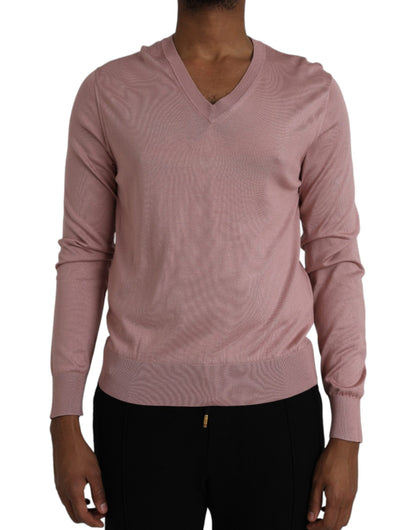 Pink Silk V-neck Long Sleeve Pullover Sweater