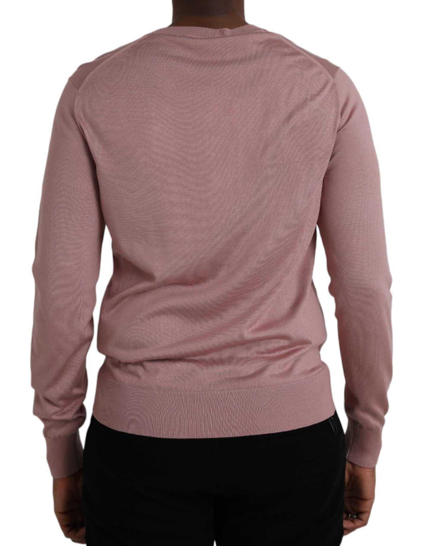 Pink Silk V-neck Long Sleeve Pullover Sweater