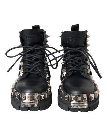 Black Leather Studs Embellished Combat Boots Shoes