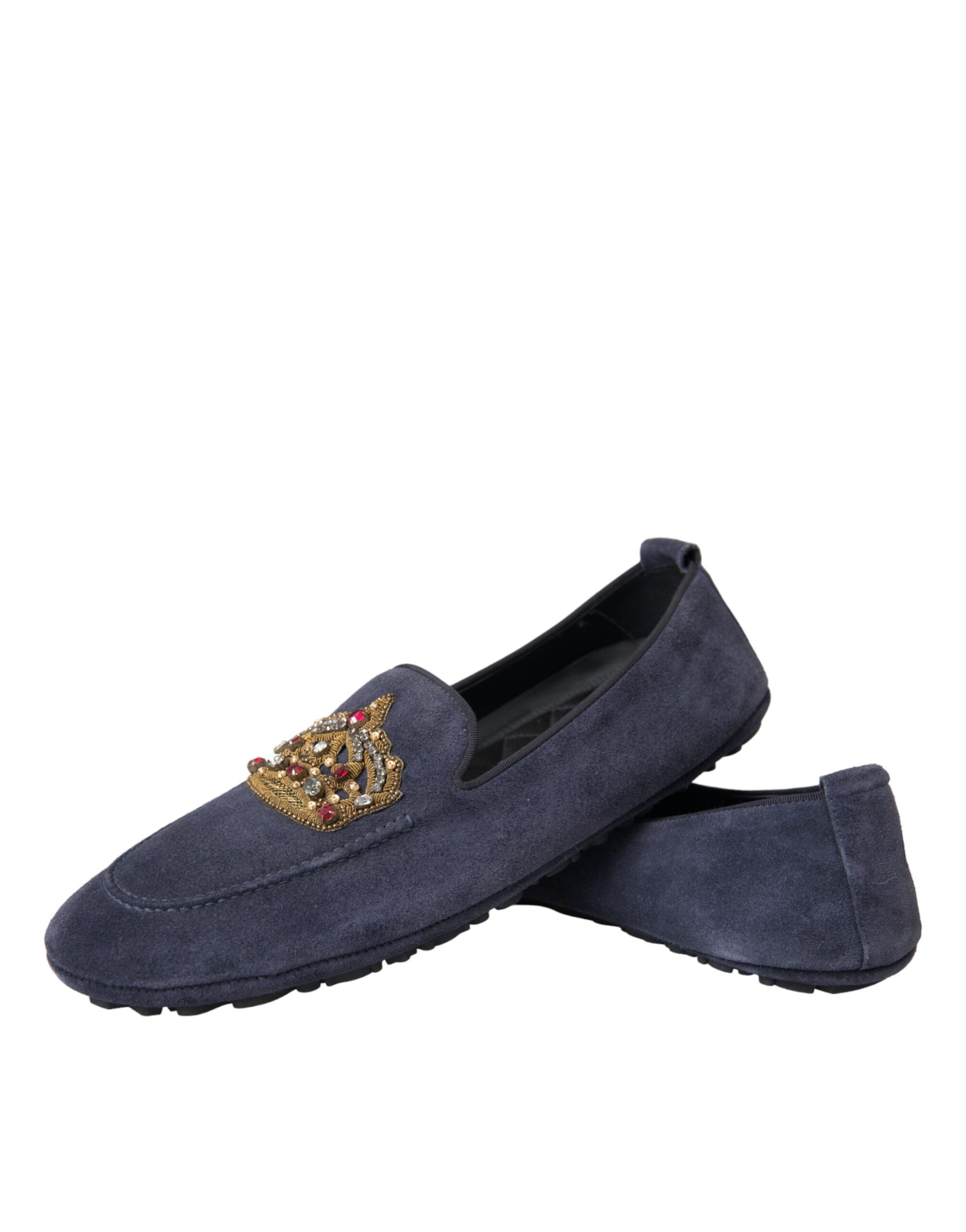 Blue Leather Suede Crystal Crown Loafers Shoes