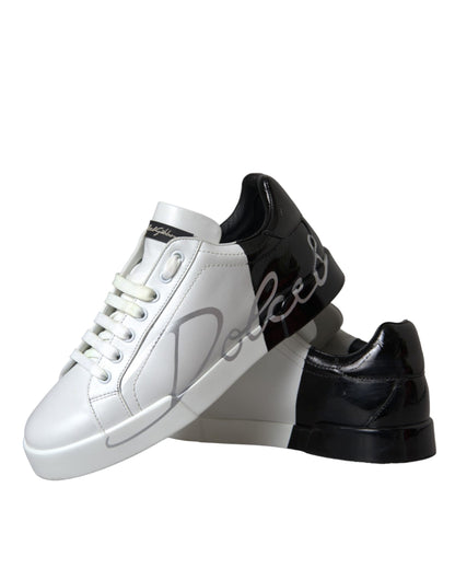 White Black Leather Logo Low Top Sneakers Shoes