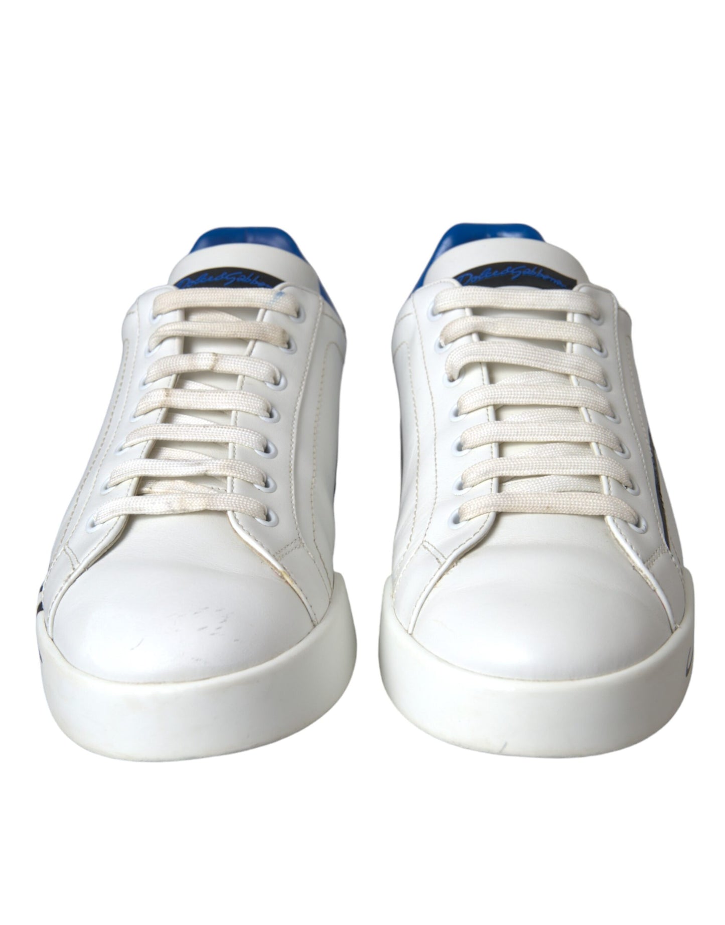 White Blue Leather Logo Low Top Sneakers Shoes