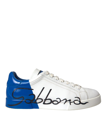 White Blue Leather Logo Low Top Sneakers Shoes