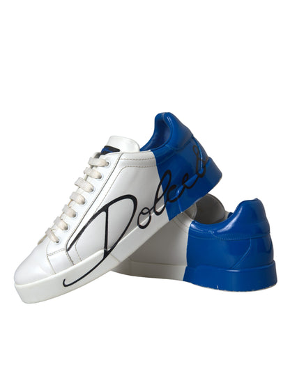 White Blue Leather Logo Low Top Sneakers Shoes