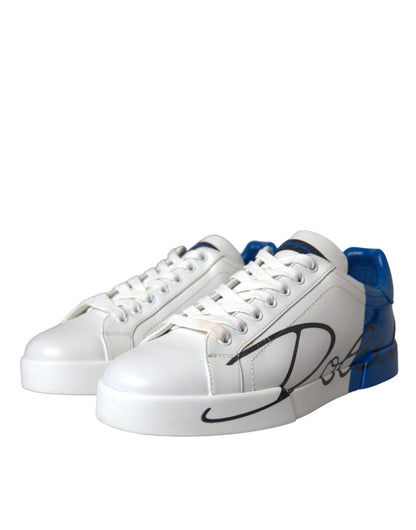 White Blue Leather Logo Low Top Sneakers Men Shoes