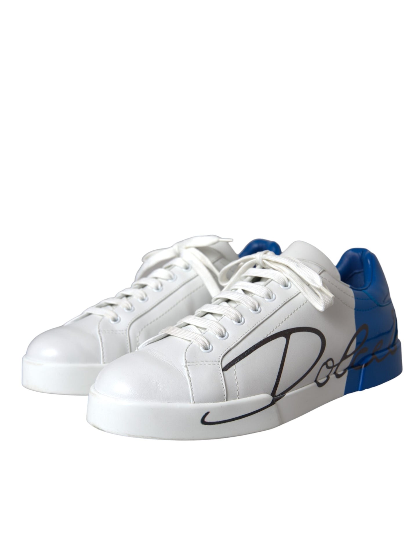 White Blue Leather Logo Low Top Sneakers Men Shoes