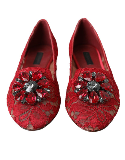 Red Lace Crystal Ballet Loafers Shoes