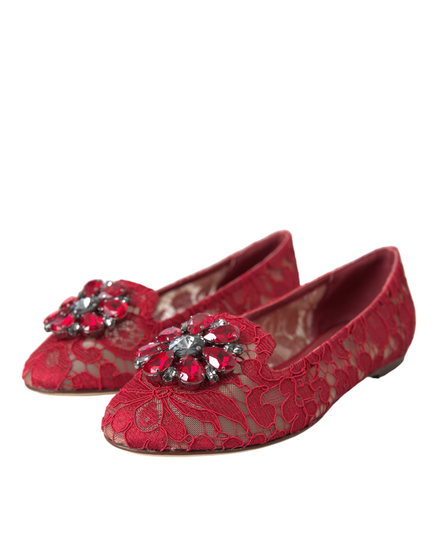 Red Lace Crystal Ballet Loafers Shoes