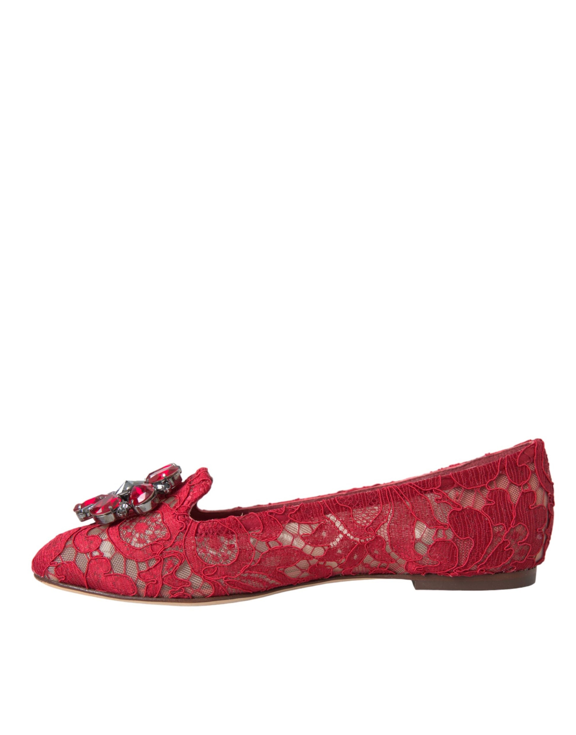 Red Lace Crystal Ballet Loafers Shoes