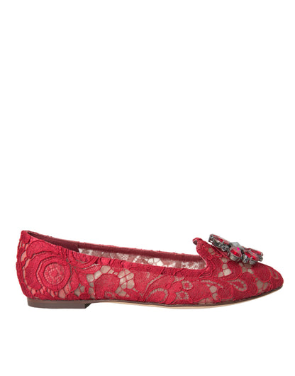 Red Lace Crystal Ballet Loafers Shoes