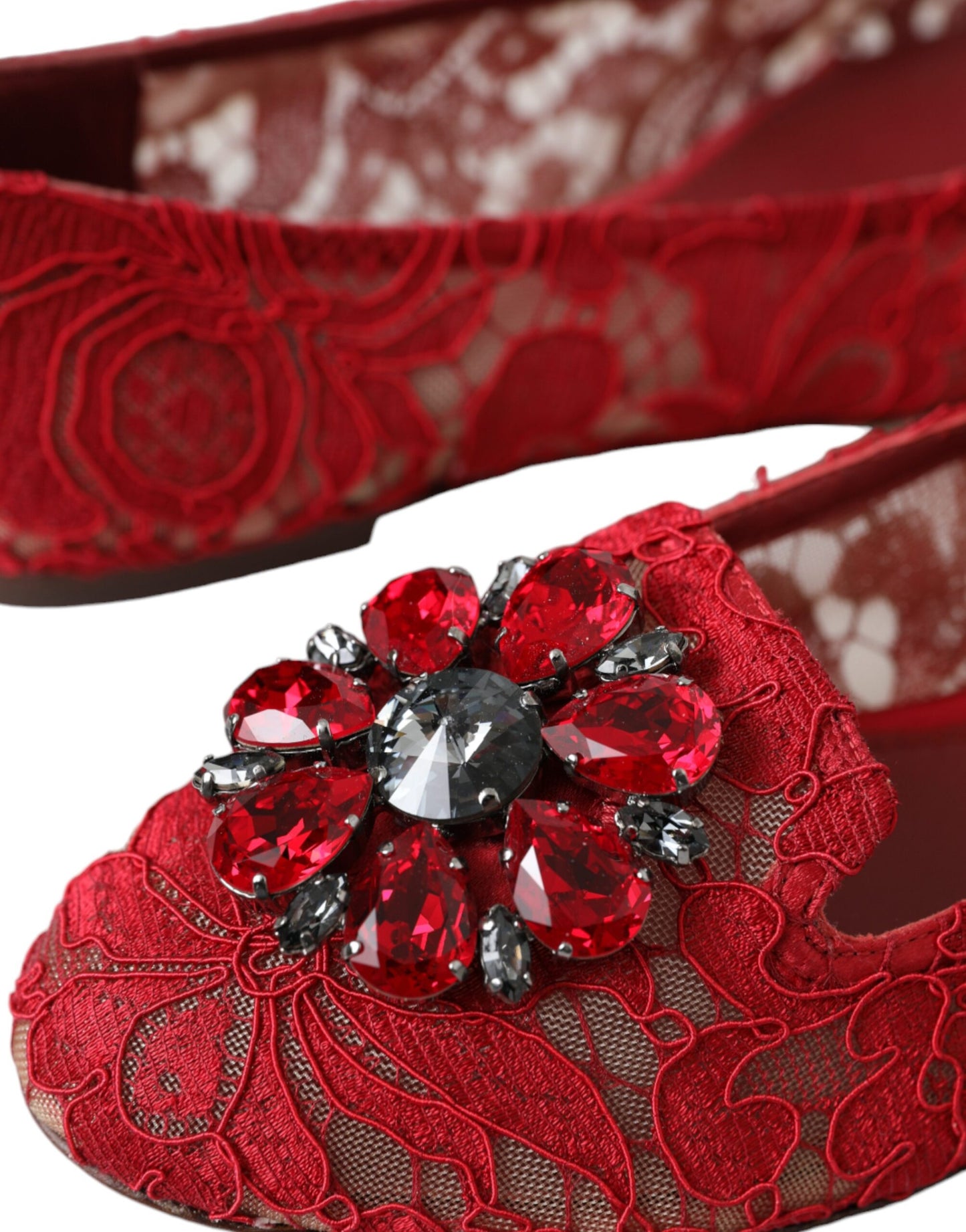 Red Lace Crystal Ballet Loafers Shoes