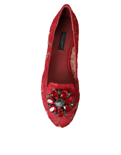 Red Lace Crystal Ballet Loafers Shoes