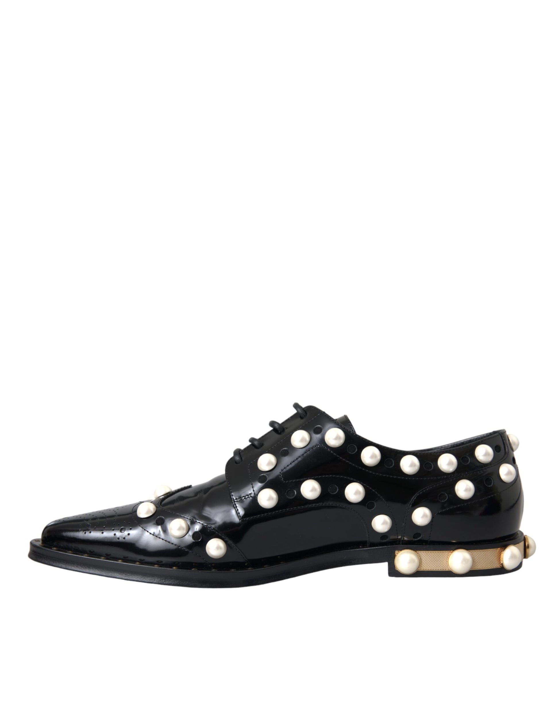 Black Leather Faux Pearl Dress Broque Shoes