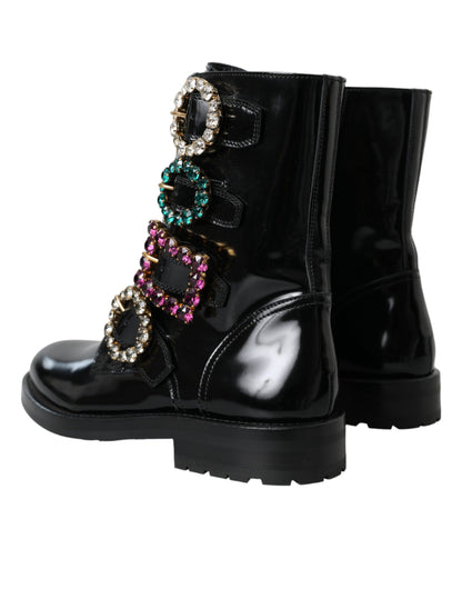 Black Leather Crystal Buckles Boots Shoes