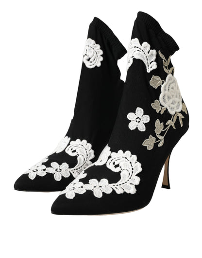 Black White Embroidery Slip On Boots Shoes