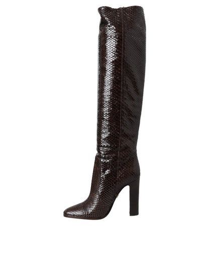 Brown Exotic Leather Heels High Boots Shoes