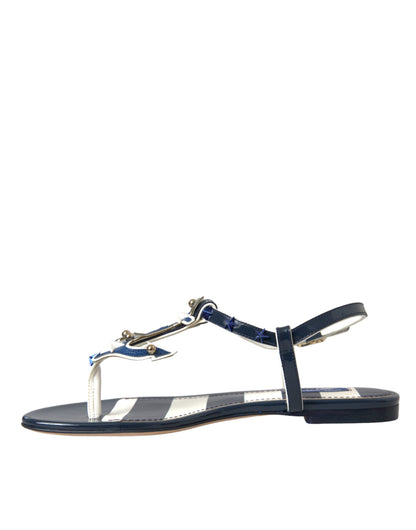 Blue Stripes Leather Studded Flats Sandals Shoes