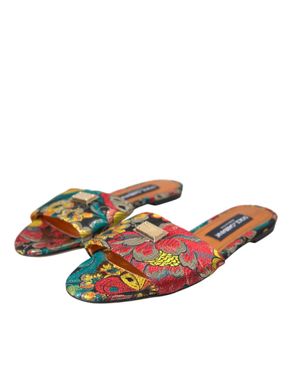 Multicolor Floral Brocade Logo Flats Sandals Shoes