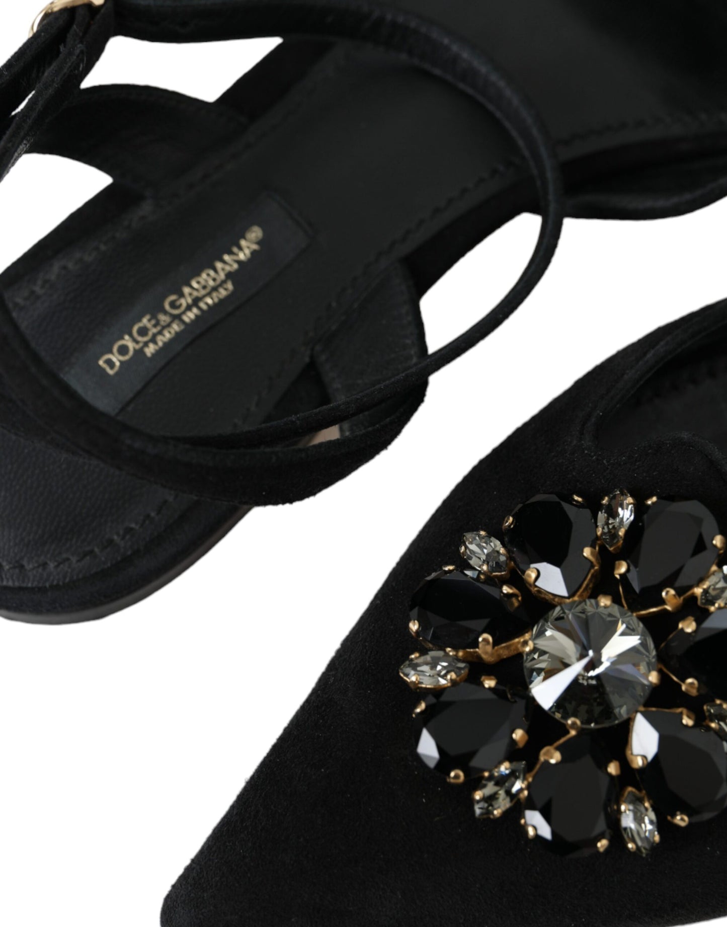 Black Leather Crystal Slingback Sandals Shoes