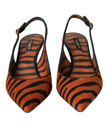 Black Orange Zebra Leather Slingbacks Shoes