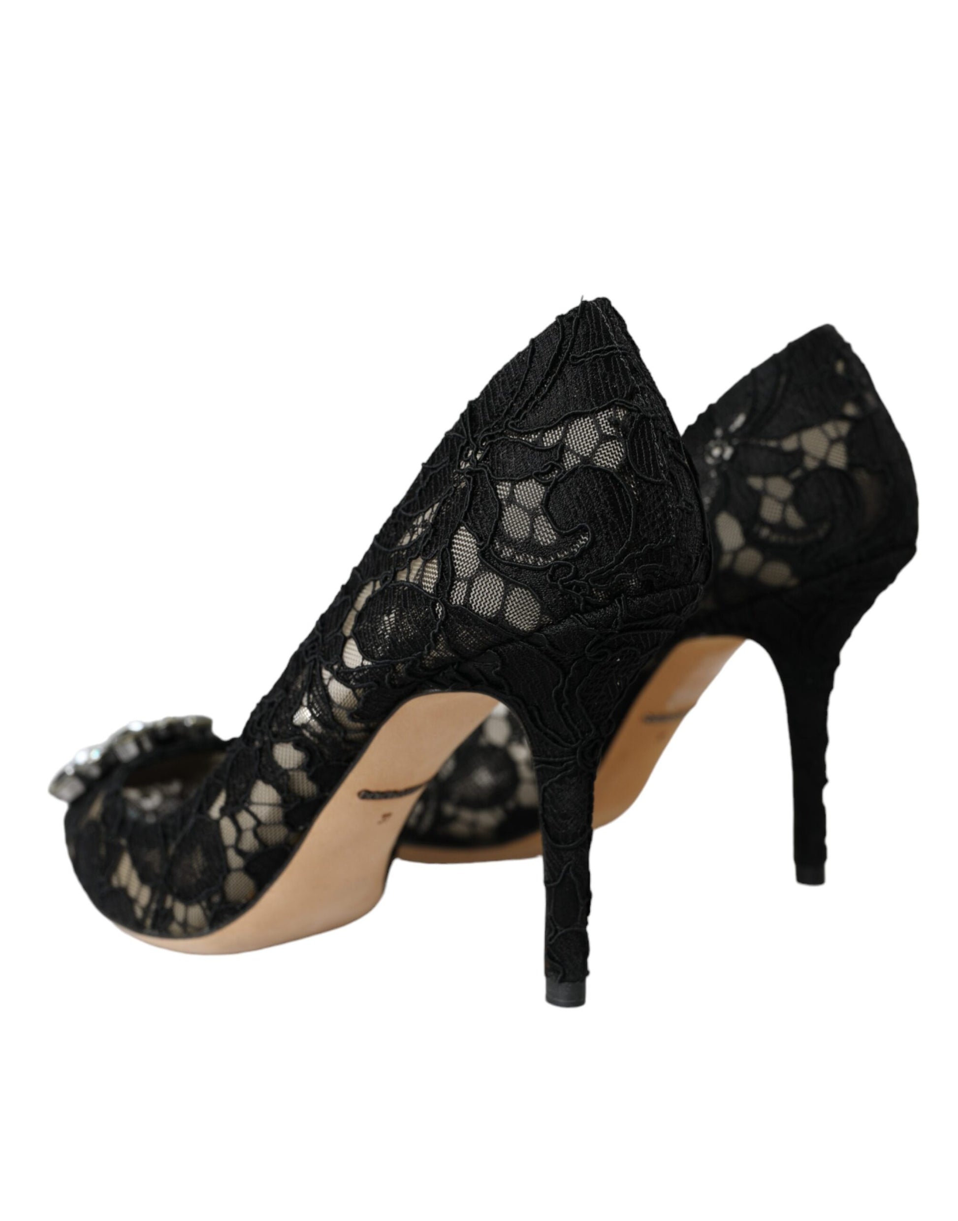 Black Taormina Lace Crystal Heel Pumps Shoes