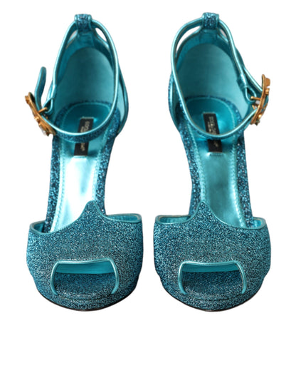 Blue Lurex Bejeweled Hand Heels Sandals Shoes