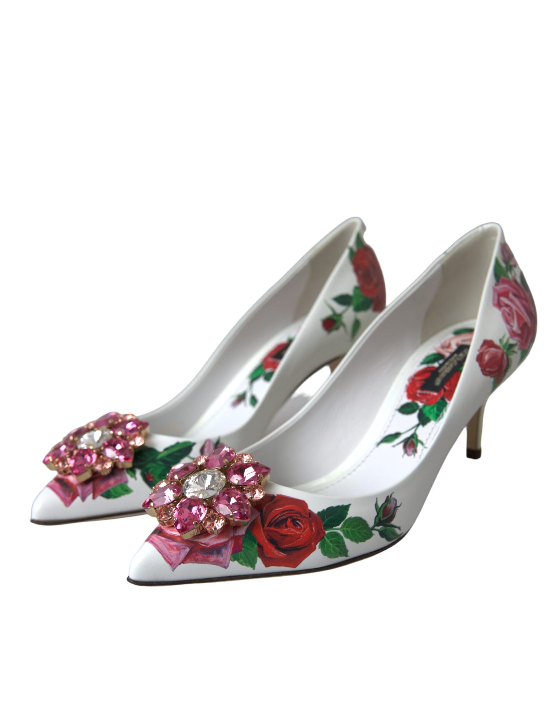 White Leather Roses Crystal Bellucci Pumps Shoes