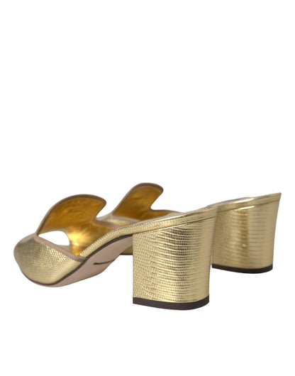 Gold Leather Slides Heels Sandals Shoes