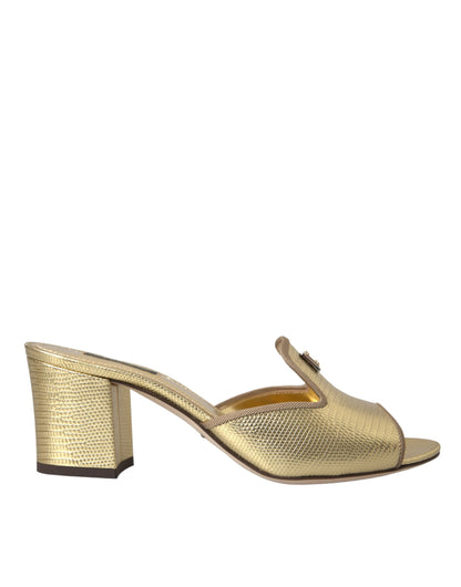 Gold Leather Slides Heels Sandals Shoes