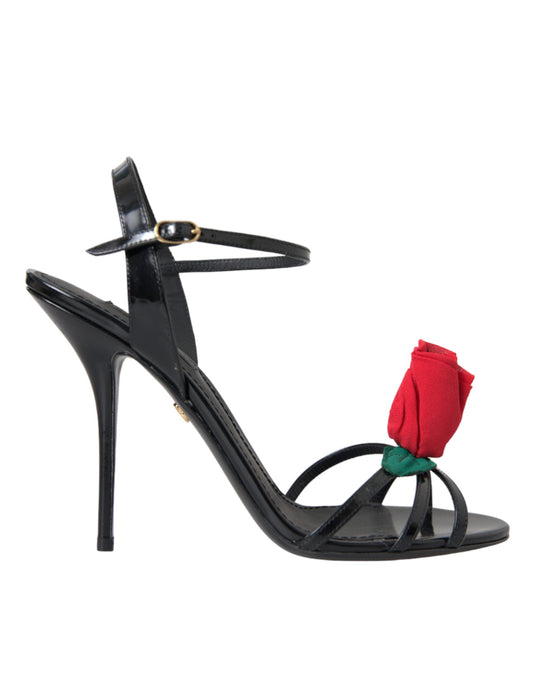 Black Leather Rose Ankle Strap Heels Sandals Shoes