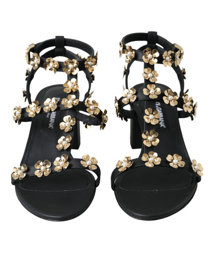 Black Leather Embellished Heel Sandal Shoes