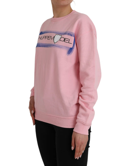 Pink Cotton Logo Print Long Sleeves Pullover Sweater