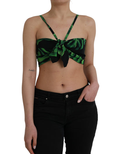 Black Green Leaf Silk Halter Cropped Top