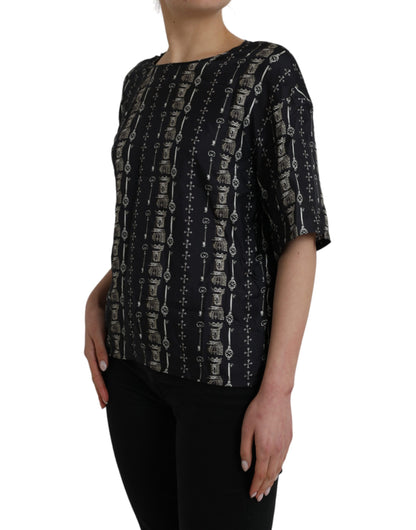 Black Key Castle Print Silk Blouse T-shirt