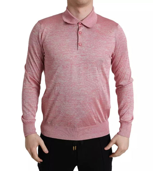 Pink Polyester Collared Men Pullover Sweater