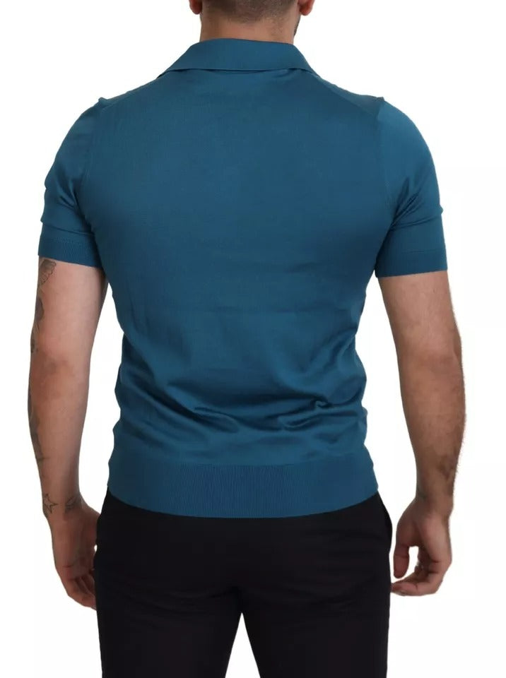 Blue Collared Short Sleeves Silk T-shirt