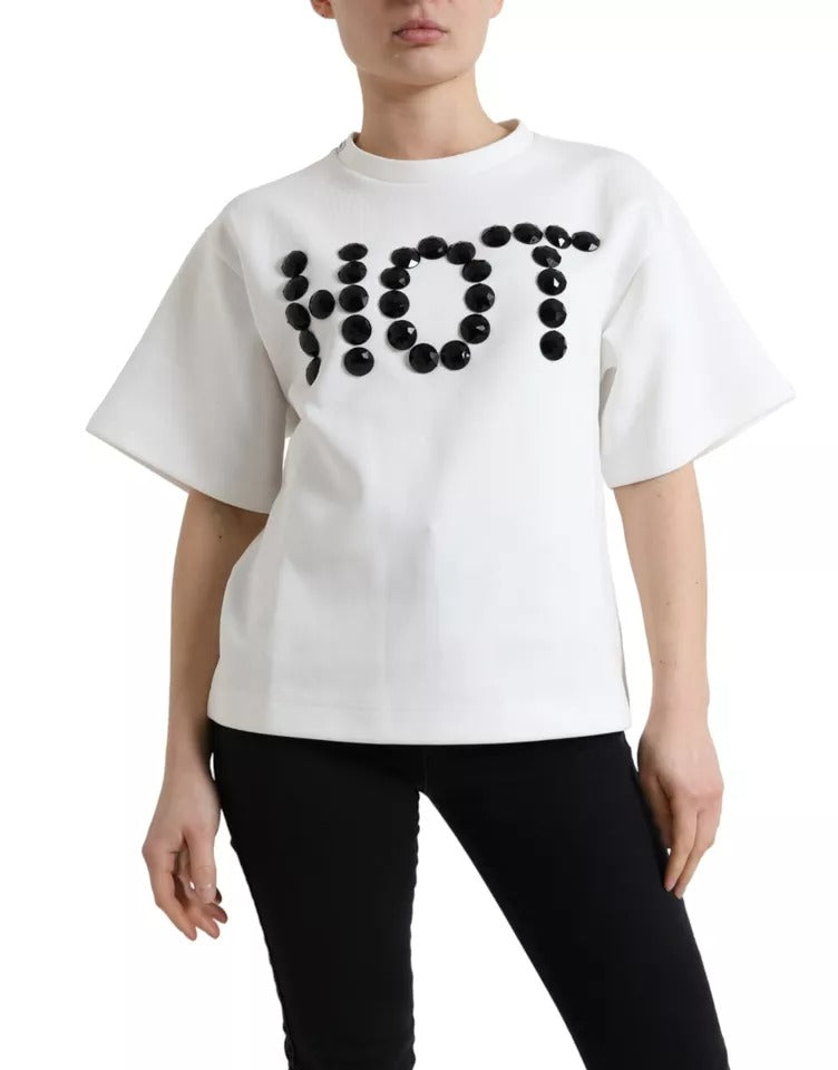 White Cotton Stretch Black HOT Crystal T-shirt