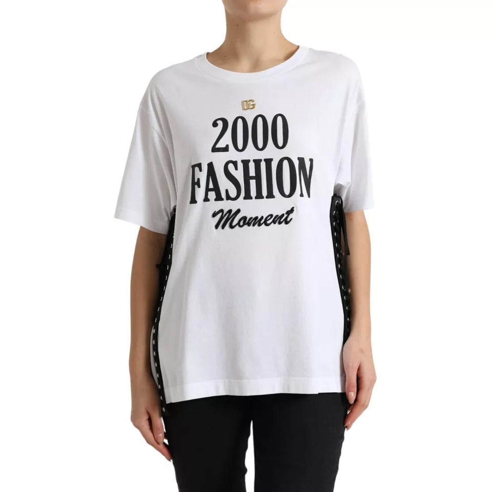 White Slogan Print Lacing Detailed T-shirt