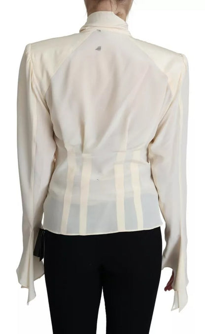 Beige Silk Crepe Shirt Padded Shoulder Top