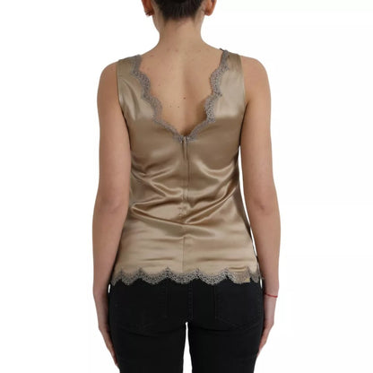 Brown Lace Trim V-neck Sleeveless Tank Top