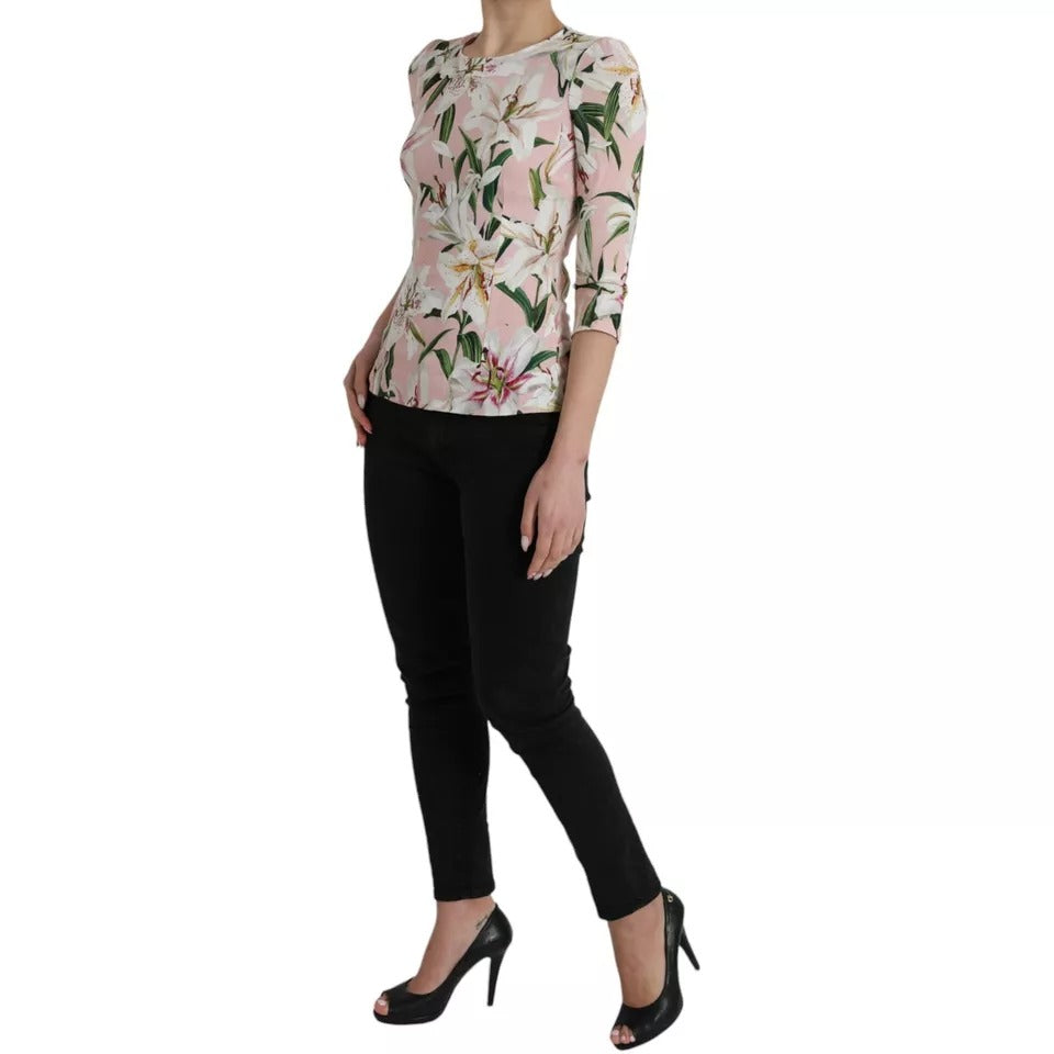 Pink Floral Viscose Round Neck Blouse Top