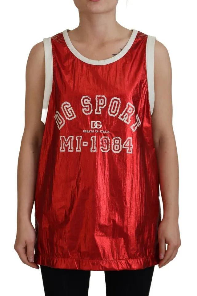 Red Nylon Logo Print Sleeveless Jersey Top