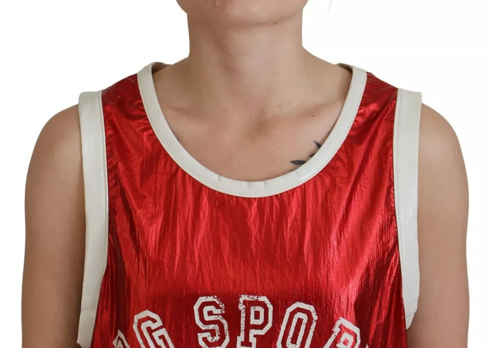 Red Nylon Logo Print Sleeveless Jersey Top