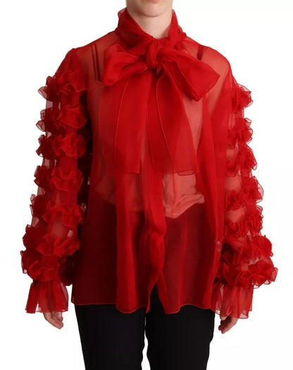 Red Silk Ascot Collar Ruffles Blouse Top