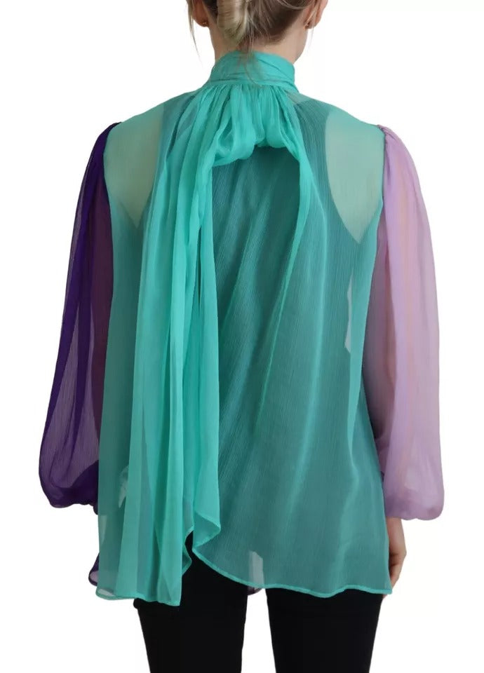 Multicolor Long Sleeves Ascot Collar Silk Top