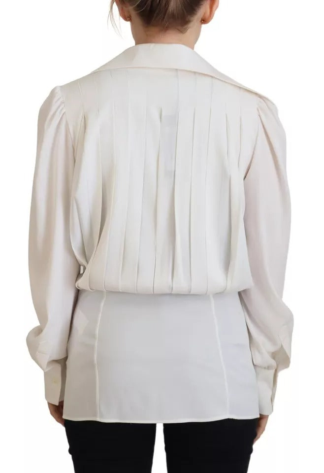 Off White Collar Long Sleeves Blouse Silk Top