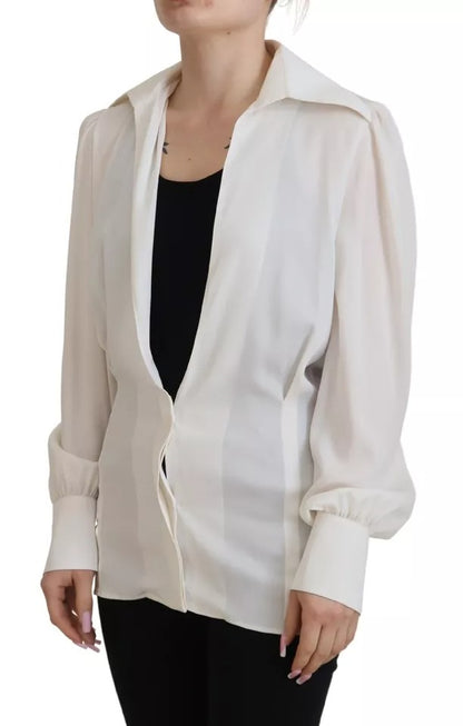 Off White Collar Long Sleeves Blouse Silk Top