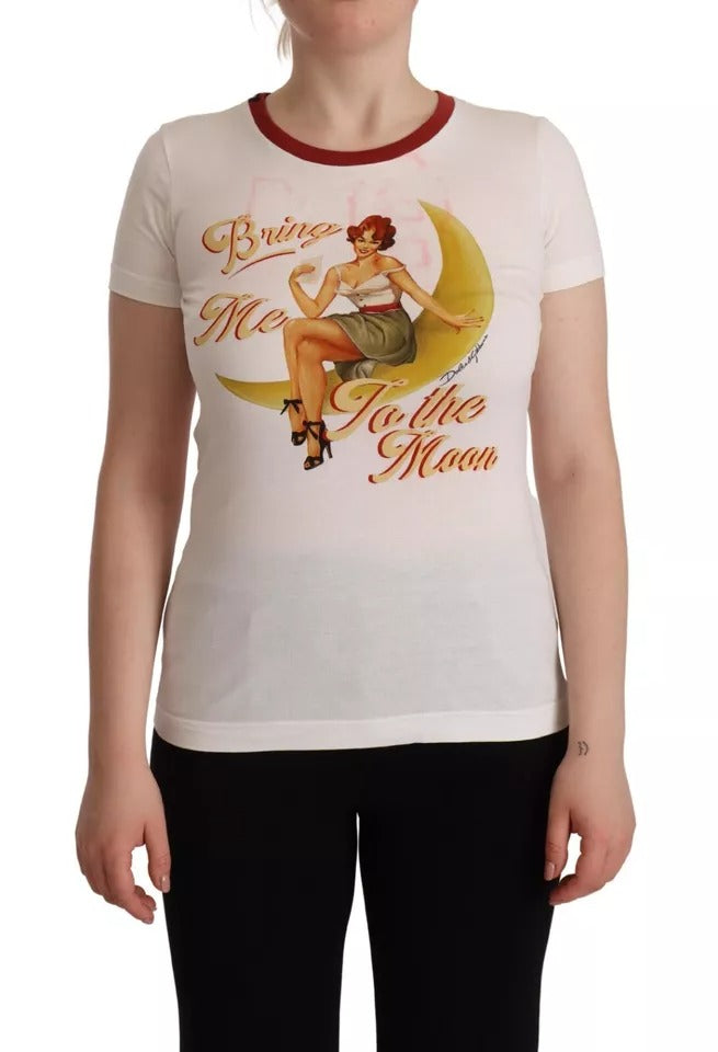 White Bring Me To The Moon Print Round Neck Top